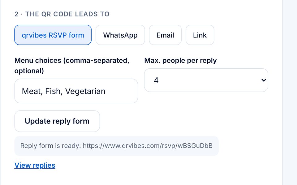 Seção de destino do QR code com o formulário de resposta do qrvibes selecionado, opções de cardápio, número máximo de pessoas, o botão para atualizar o formulário e o link para ver as respostas.