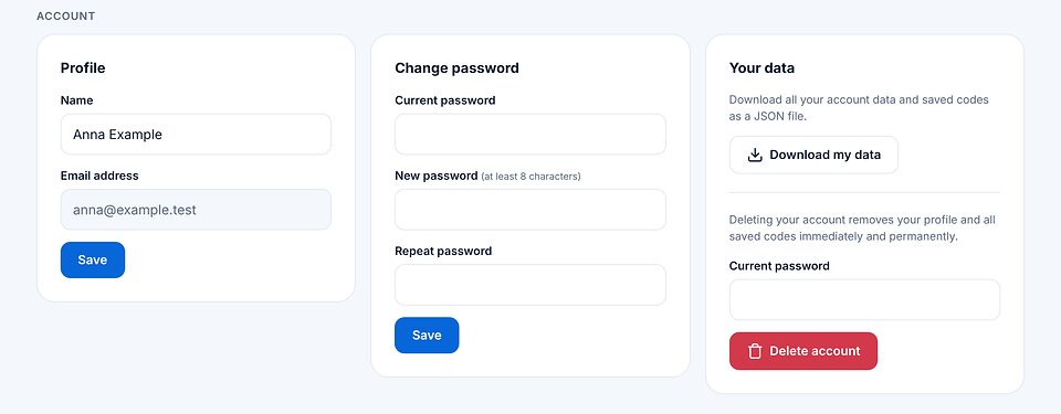 Seção da conta com perfil, alterar senha e seus dados com baixar meus dados e excluir conta.