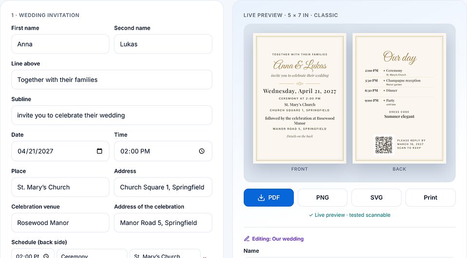 Modelo de convite de casamento: à esquerda campos para nomes, data, horário e locais; à direita a prévia ao vivo da frente e do verso com QR code.